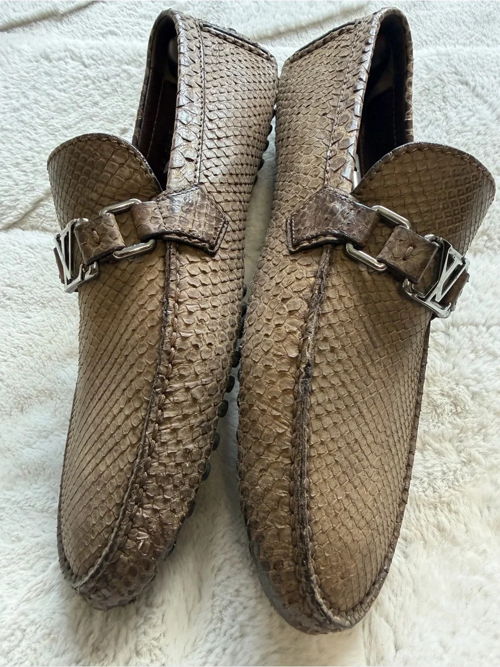 $1,995 Louis Vuitton Genuine Exotic Python Snake Skin Silver Buckle Loafers 8.5